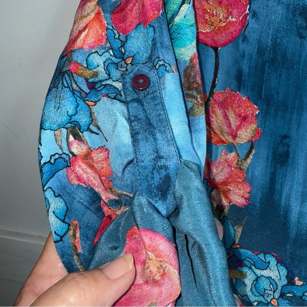 Tolani Blue Floral Silk Button Down Shirt with Mandarin Collar - Picture 3 of 9